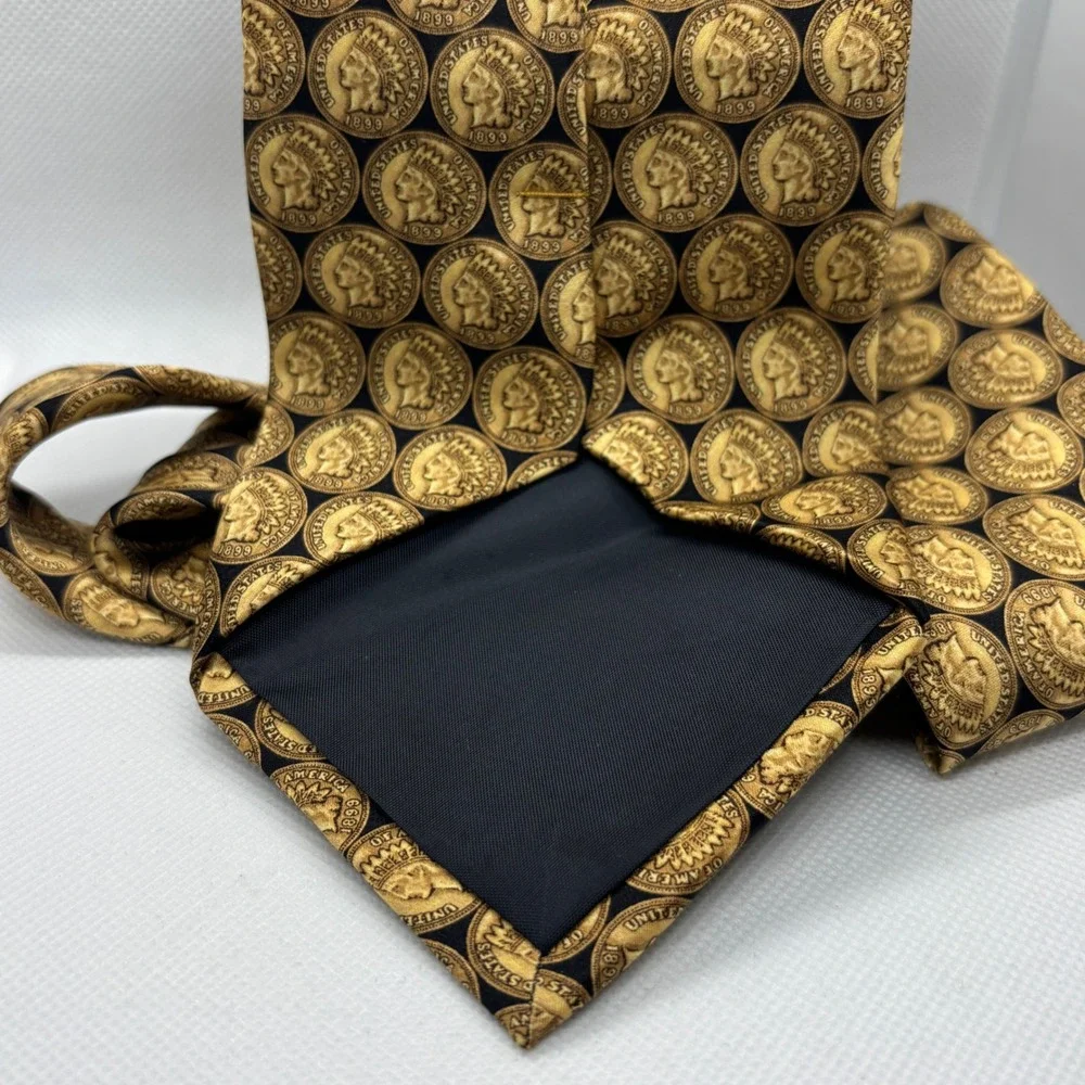 Museum Artifacts Necktie Mens Gold Black Indian Head Penny Coin Handmade Silk
